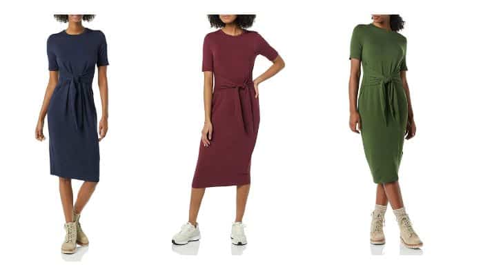 Short-Sleeve Crewneck Tie-Front Midi Dress By Daily Ritual | best dresses for fall | dresses for the fall season | short fall dresses 2021 | best dresses for fall 2021 | best travel dresses for Europe
